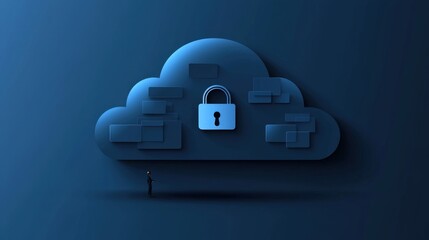 A digital illustration of a cloud with a padlock, symbolizing cloud security and data protection, with a figure standing beneath it.