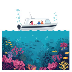 Naklejka premium Tourists on a boat observing vibrant coral reefs underwater during a sunny day