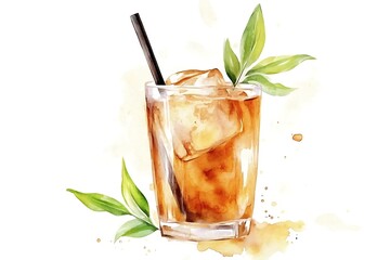 Iced tea in glass with ice cubes and tea leaves.