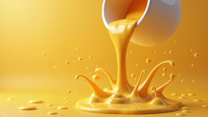 Cheese sauce splashing in the air with cheddar cheese, 3d rendering.