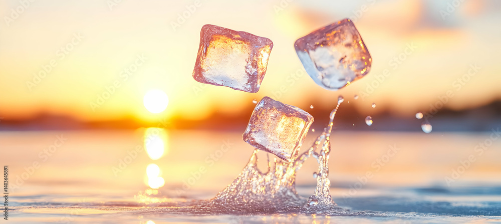 Aufkleber three ice cubes dropping into water with golden sunset glow reflecting light and creating splashes o