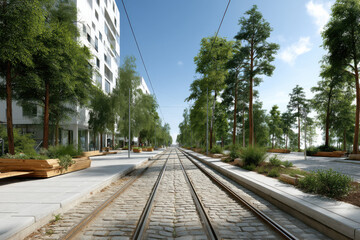 Fototapeta premium Urban landscape with tram tracks and trees along a modern city street in bright daylight