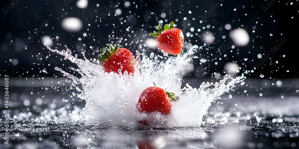 Poster three red strawberries plunging into water on a dark reflective surface creating a splash