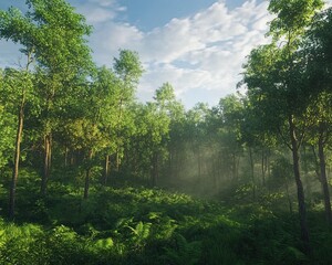 A lush tropical forest landscape with towering trees, vibrant green foliage, and a gentle mist in the air. 