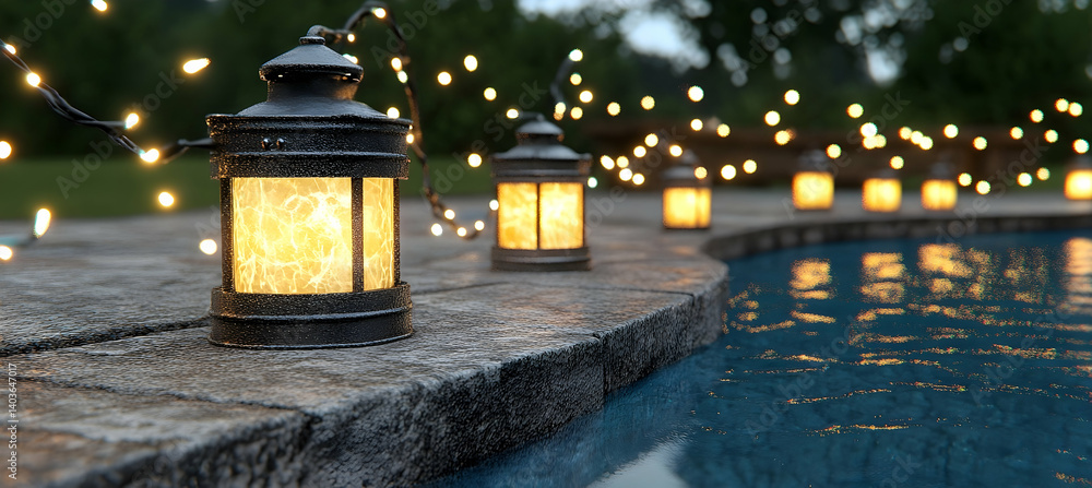 Poster tranquil evening scene with lanterns and string lights reflecting on swimming pool water in lush gre