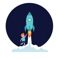 Young boy reaching for a rocket launching into the sky with flames and clouds