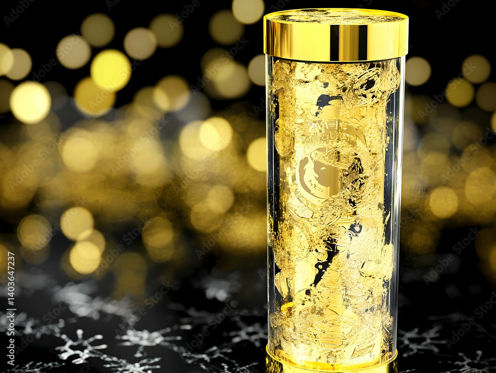 Poster transparent container with intricate gold leaf details and festive bokeh lights on dark background