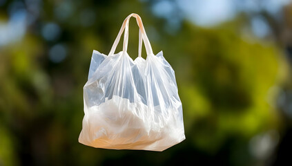 Translucent Plastic Bag on a Blurred Green Background with Bokeh Effect Outdoors