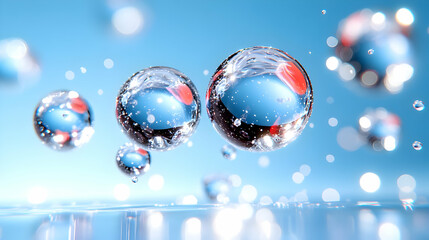Translucent Water Spheres with Red Accents on Light Blue Surface and Blurred Background
