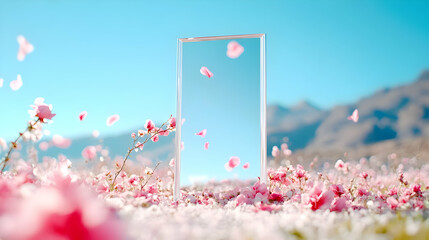 Transparent Acrylic Sheet Amidst Blooming Pink Flowers in Field with Mountain Backdrop Under Blue Sky