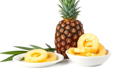 A vibrant whole pineapple with its juicy, golden rings ready to be savored, a tropical delight presented on pristine white plates against a bright background.