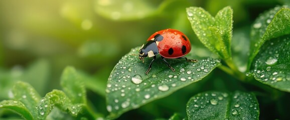 Ladybug on dewy leaf, garden background, nature (1)