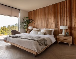 Fototapeta premium serene bedroom with wooden accent wall
