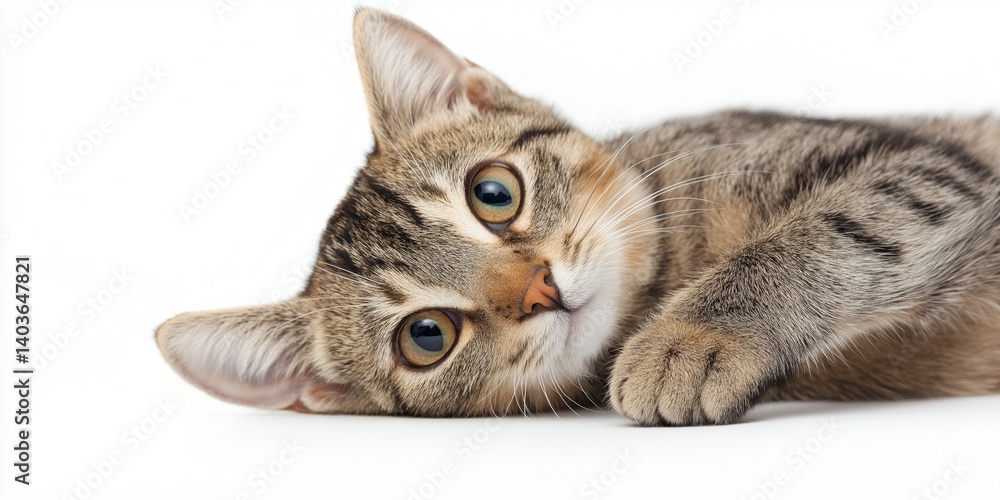 Poster a cat is laying on a white background with its eyes open and staring at the camera. the cat appears 