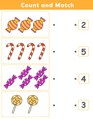 Count and Match Worksheet. Counting educational children game. Math kids activity sheet. How many counting game with cute candy illustration.