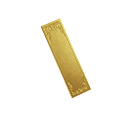 A gold bookmark floating horizontally in mid-air against a solid white background, no shadow.