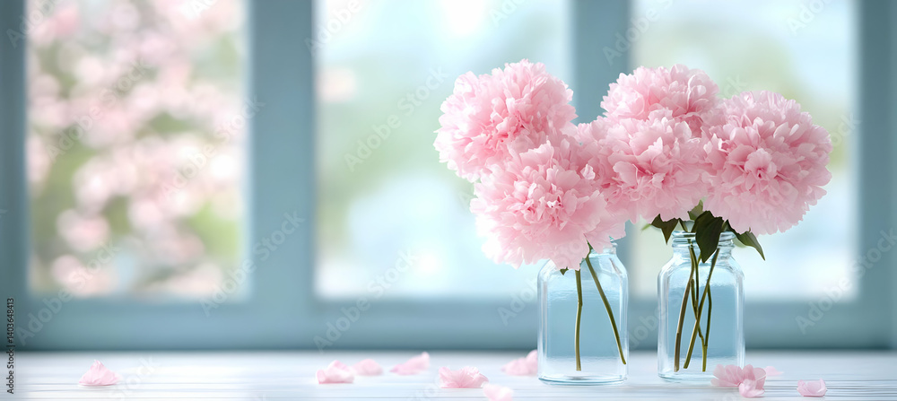 Poster two glass vases displaying pink carnations with window background in soft lighting