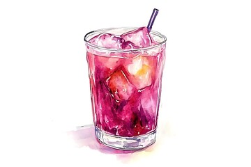 Watercolor painting of iced purple drink.