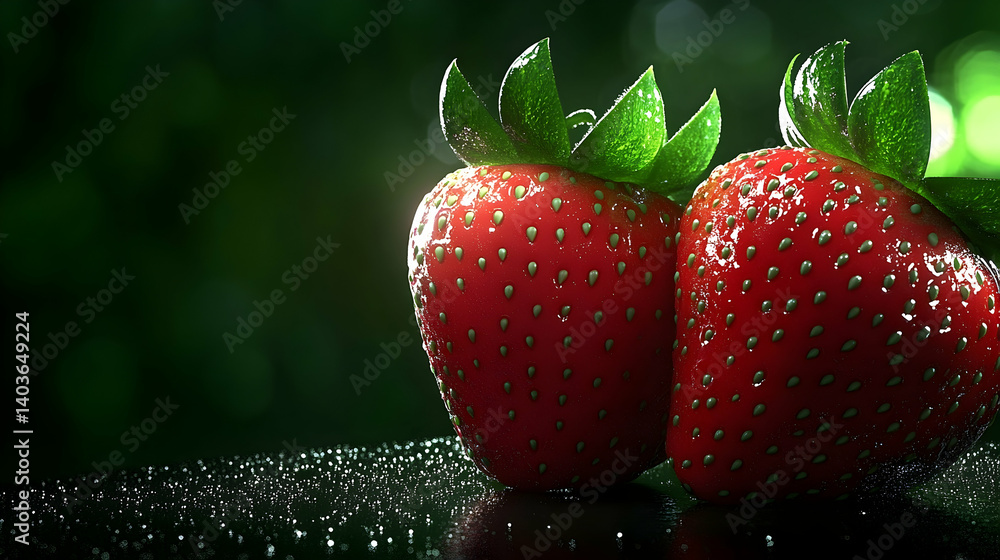 Poster two ripe red strawberries displayed on a reflective surface with a blurred green garden backdrop and