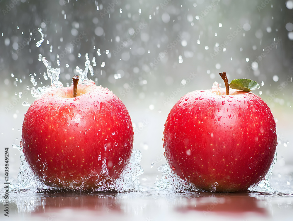 Poster two red apples splashed with water drops on a wet surface for freshness and cleanliness