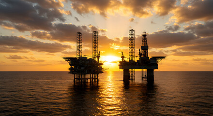 Obraz premium Offshore Oil and Gas Platform at Sunset with Golden Reflection Over the Ocean