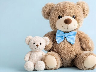 Two Stuffed Teddy Bears on Soft Blue Background One with Light Brown Fur and Smaller White Bear