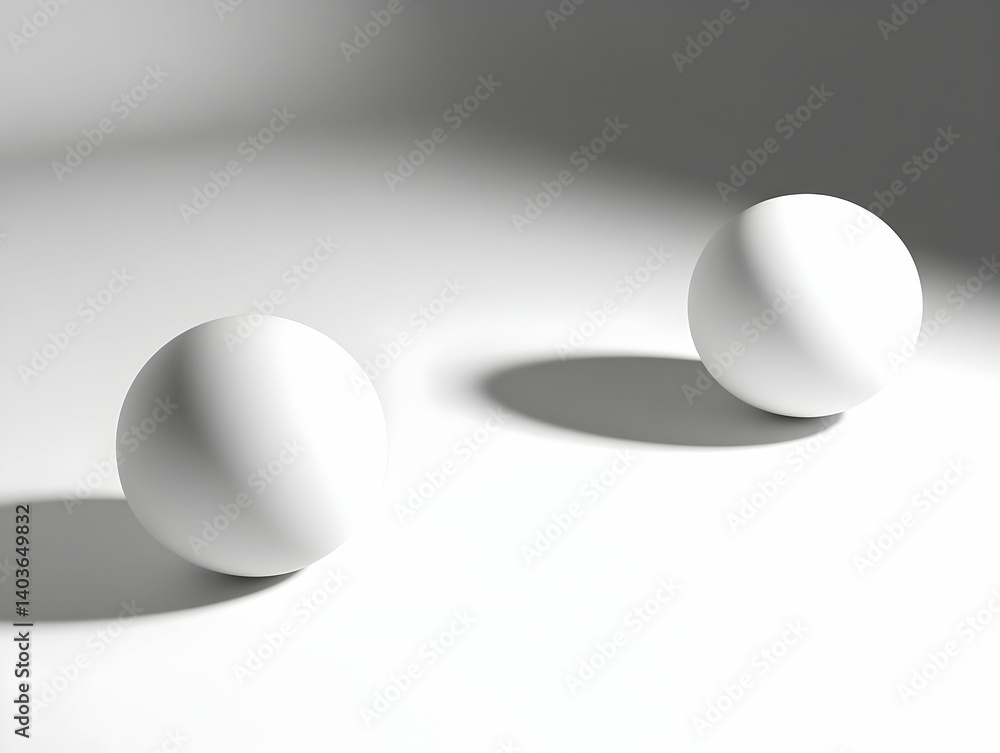 Poster two white spheres with shadows on a seamless white background in a studio setting
