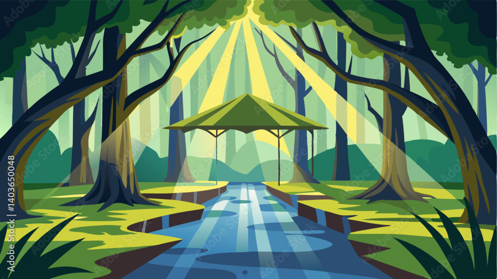 Poster sunlight filters through the canopy casting dappled patterns on the bayous surface.