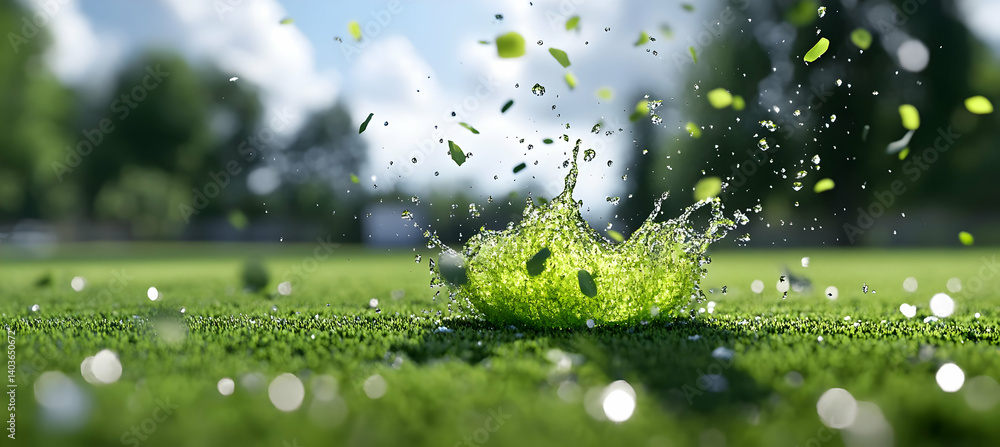 Aufkleber vibrant green grass explosion on a sunlit field with bokeh effects and pixelated splash in an abstra