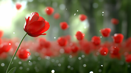 Fototapeta premium Vibrant Red Tulips Blooming in a Lush Green Field Under Bright Sunlight Creating a Colorful Floral Landscape