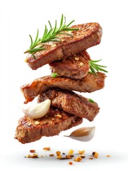 Stack of Grilled Steak Pieces with Rosemary and Garlic on White