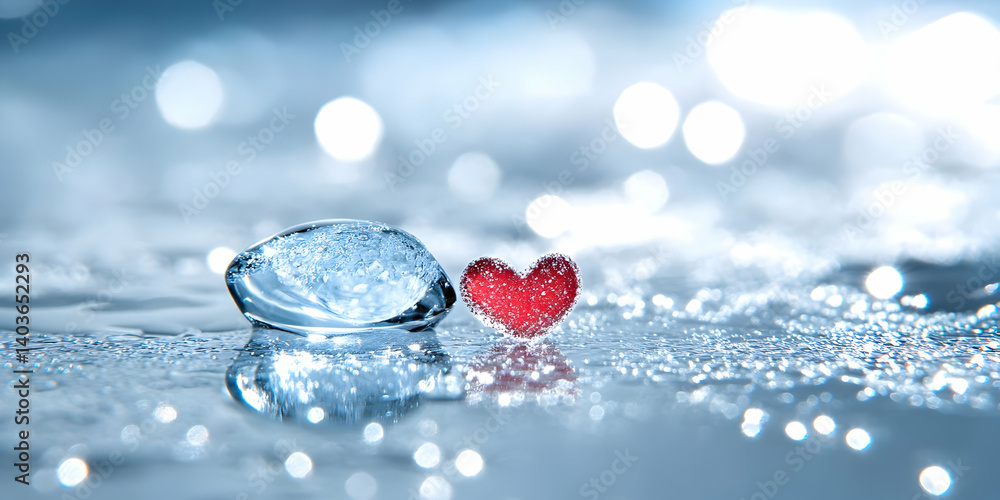 Aufkleber water drop and red heart on reflective surface with bokeh lights in the background for valentine's d