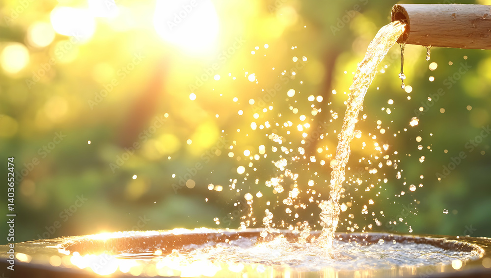 Poster water flowing from bamboo spout into basin under sunlight creating a tranquil scene with blurred gre