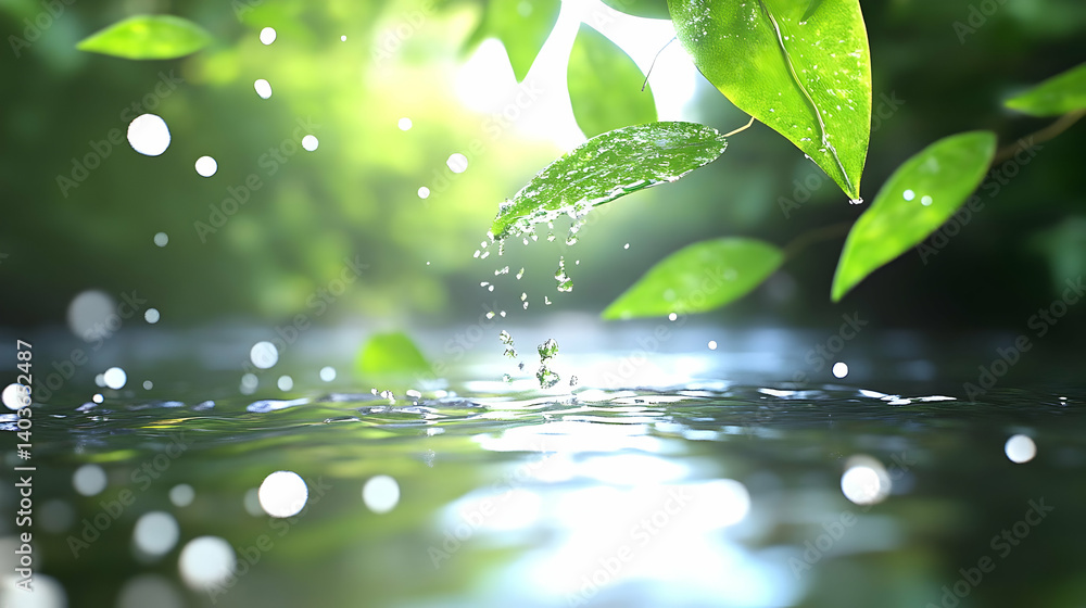 Poster water drops on green leaves reflecting sunlight creating ripples and blurred bokeh background in nat