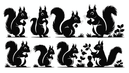 Silhouette Collection Of Squirrels In Various Poses Isolated On White Background Woodland Animal Vector Graphics Wildlife Illustrations Ideal For Design Projects