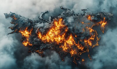 Burning Russia map, apocalyptic scene, environmental disaster, climate change impact, global warming illustration
