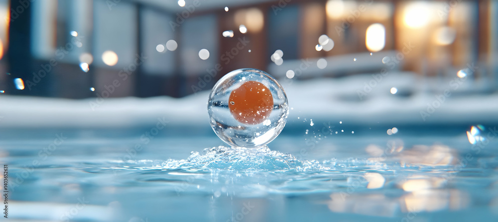 Poster water sphere captures an orange orb creating a dynamic splash on a smooth surface under sunlight