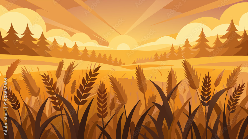 Poster the warm golden glow of a setting sun casting a magical light over a field of wheat creating a pictu