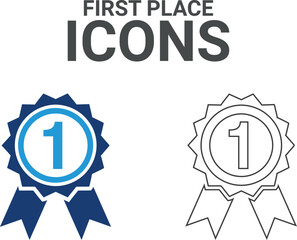 Obraz premium First place. Containing victory, success, prize, celebration, podium, win money, finish line, and trophy icons. Solid icon collection. Vector illustration.
