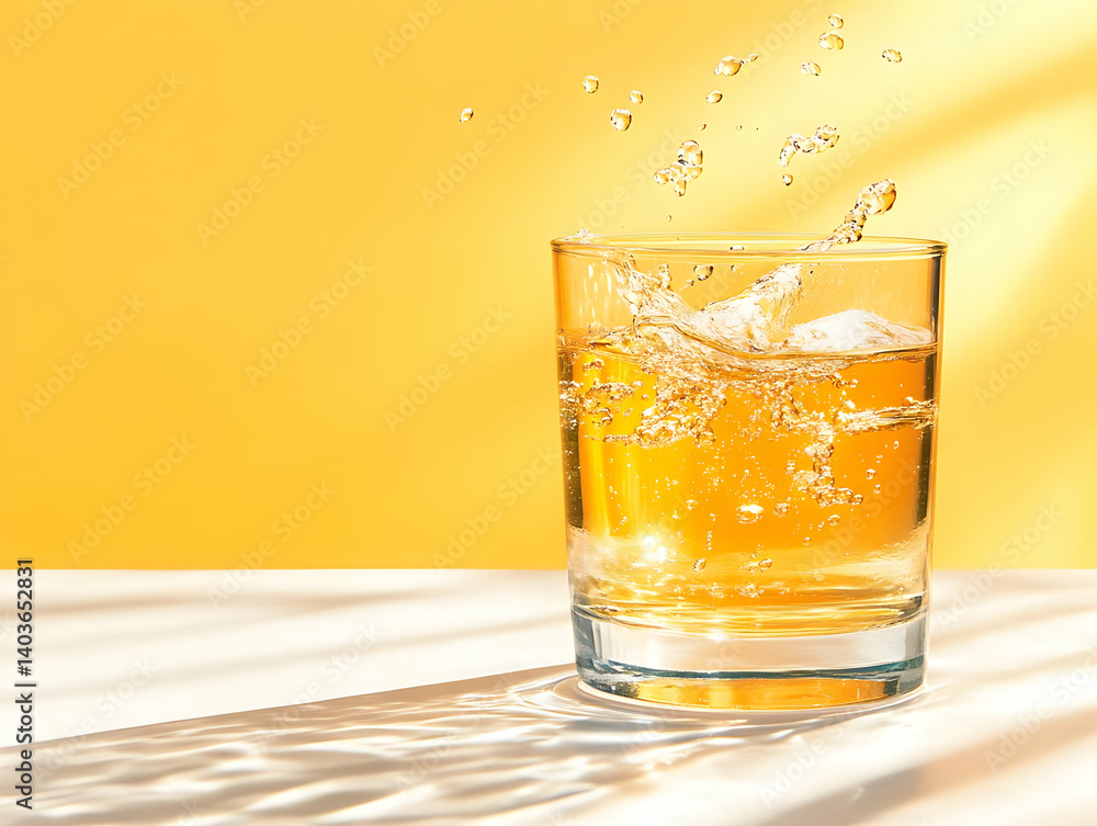 Poster water splashing in a glass cup against a yellow background and white surface creating a refreshing a