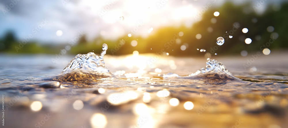 Poster water splashing with blurred green background and sunlight creating motion blur and sparkle