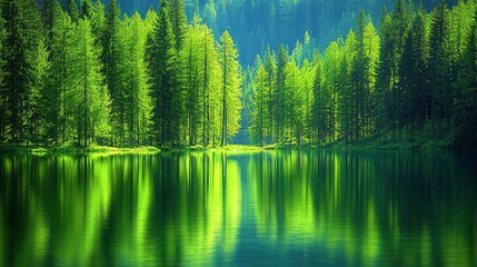 Obraz premium Serene Green Lake Surrounded by Lush Evergreen Forest