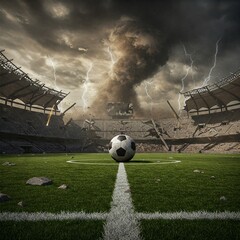 um estadio de futebol sendo destruido no apocalipse, imagem renderizada, ângulo de baixo e a bola no meio do campo totalmente intacta, soccer