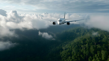 White Airplane Flying Over Green Mountain Forest Under Cloudy White Sky