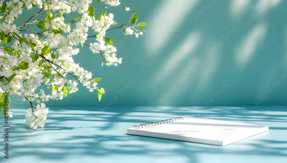 Poster white blossom and azure background with sunlight and shadow with empty planks for product display pr