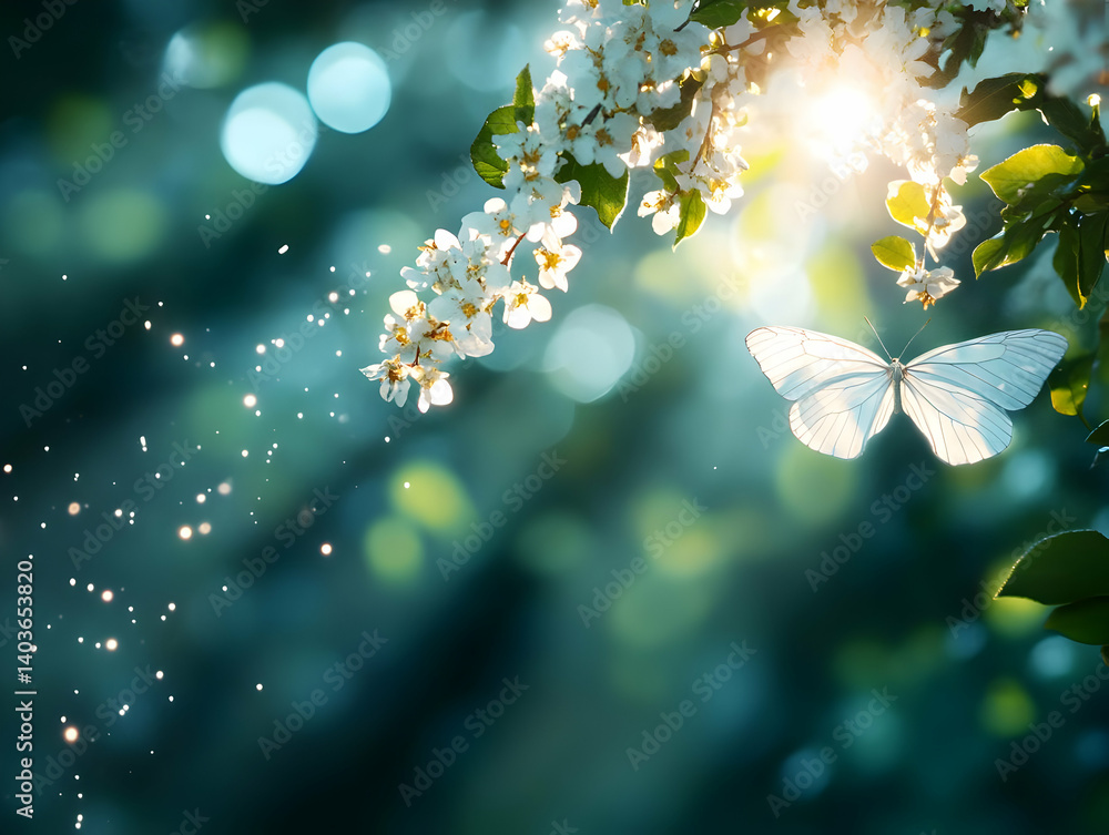 Aufkleber white butterfly on flowering branch with sunlit bokeh background in a natural spring setting