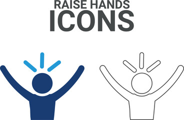 Raise hands icons. Containing victory, success, prize, celebration, podium, win money, finish line, and trophy icons. Solid icon collection. Vector illustration.