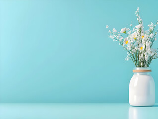 White Daisies Arrangement in Glass Vase Against a Light Blue Background with Minimalist Studio Lighting