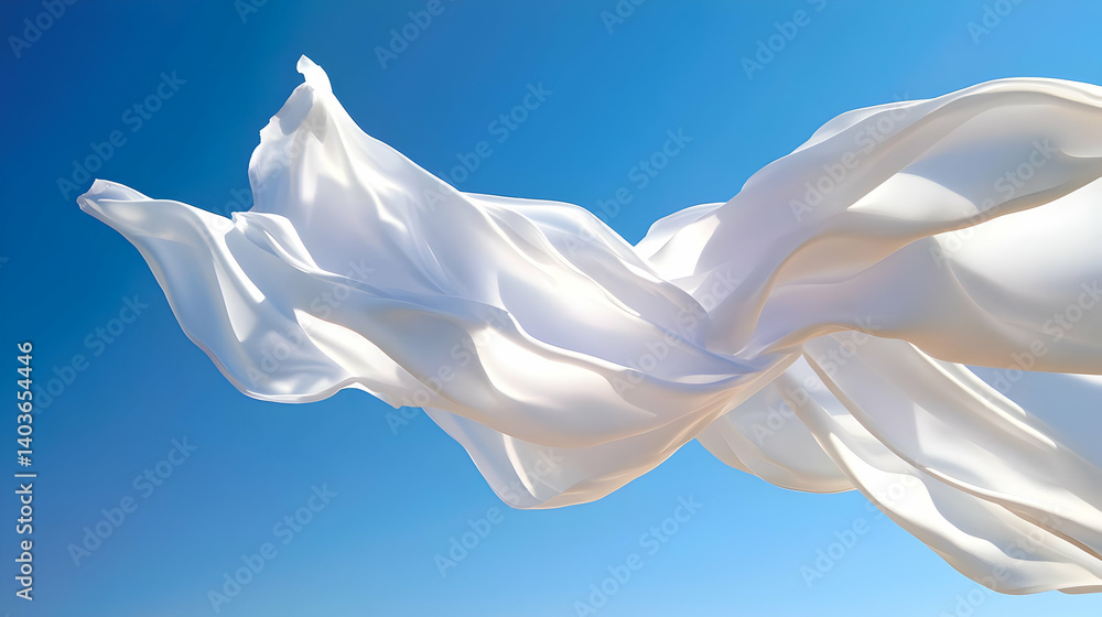 Poster white fabric flowing against clear blue sky in sunlight creating abstract and dynamic shapes