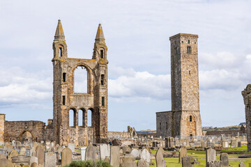 The ruins of St Andrews Cathedral overlook the sea, surrounded by ancient tombs and old stone...
